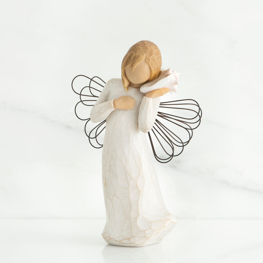 Blonde faceless girl holding white shell to her ear wearing white dress and black wire angel wings