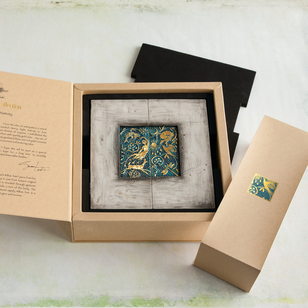 Willow Tree Starry Night Nativity, resin triptych with hinged doors, shown in open Signature Collection Box with enclosure card for gift-giving